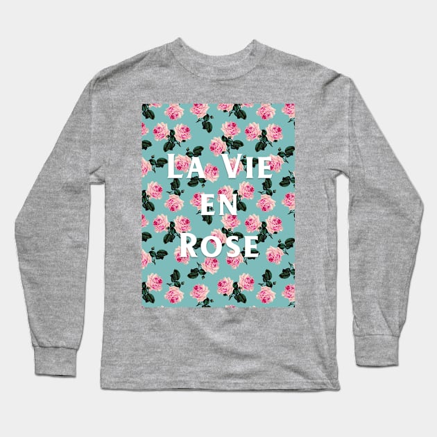 La Vie En Rose - scattered pink roses on turquoise on pink tee Long Sleeve T-Shirt by bettyretro